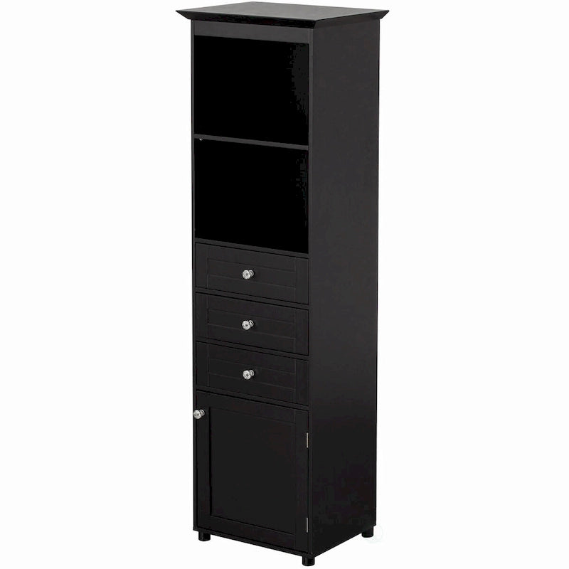 Tall Freestanding Storage Organizer Linen Tower, Vanity Closet, Bathroom Cabinet with 2 Open shelves, 3 Drawers, and a Closet