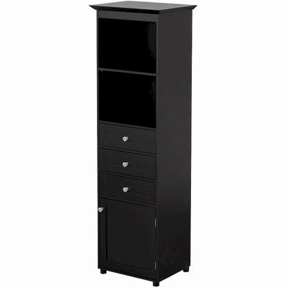 Tall Freestanding Storage Organizer Linen Tower, Vanity Closet, Bathroom Cabinet with 2 Open shelves, 3 Drawers, and a Closet
