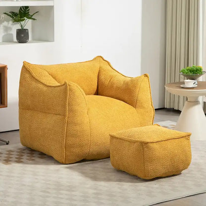 Boucle Upholstered Deep Seat Armless Square Bean Bag Chair with Ottoman
