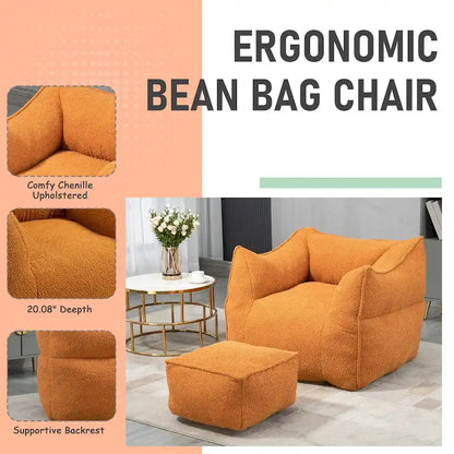Boucle Upholstered Deep Seat Armless Square Bean Bag Chair with Ottoman