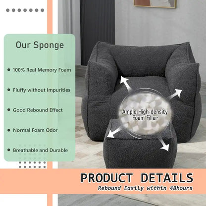 Boucle Upholstered Deep Seat Armless Square Bean Bag Chair with Ottoman