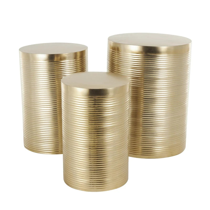 Metal Ribbed or Metallic Ribbed Drum Side End Accent Table - Set of 3 Silver or Gold - Roche River Decor