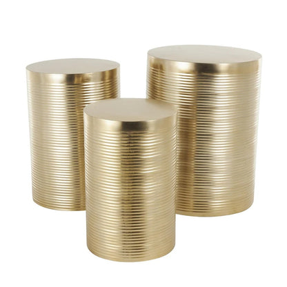 Metal Ribbed or Metallic Ribbed Drum Side End Accent Table - Set of 3 Silver or Gold - Roche River Decor