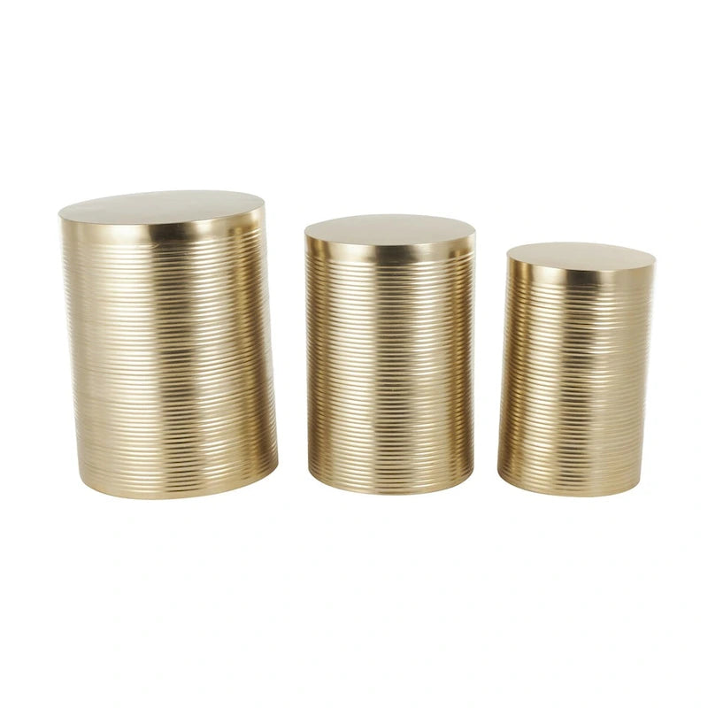 Metal Ribbed or Metallic Ribbed Drum Side End Accent Table - Set of 3 Silver or Gold - Roche River Decor