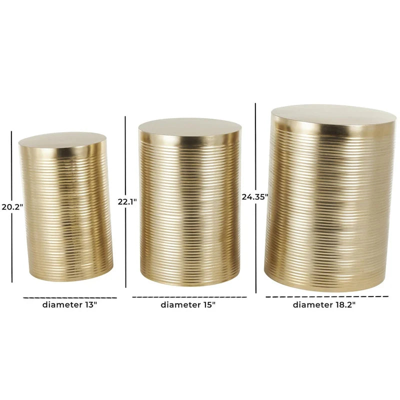 Metal Ribbed or Metallic Ribbed Drum Side End Accent Table - Set of 3 Silver or Gold - Roche River Decor