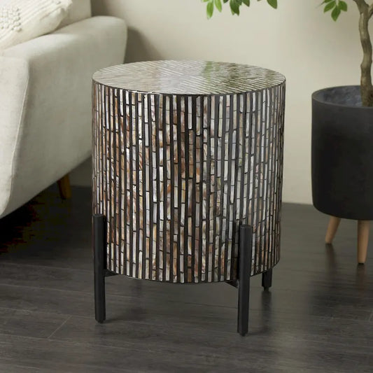 Mother of Pearl Shell Geometric Handmade Inlay Side End Accent Table with Black Legs - Multi Colored - Roche River Decor